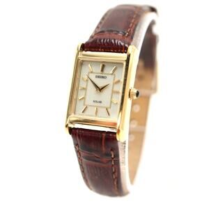Seiko Solar Tank Watch Women 18mm Gold Tone Case Leather Band V115-0BD0 Working